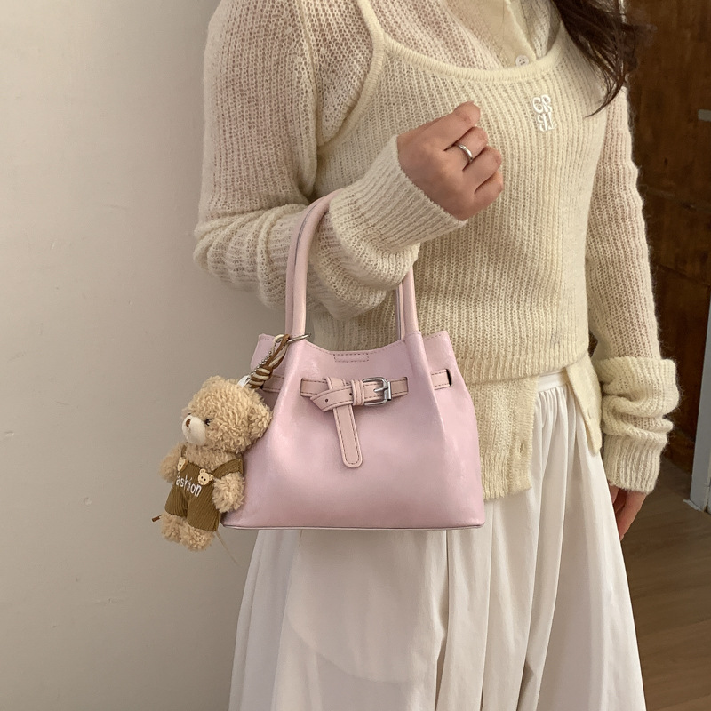 Borsa a secchiello plissettata alla moda in tinta unita, borsa a mano semplice, borsa a tracolla versatile per i pendolari, borsa a tracolla_voghion.com