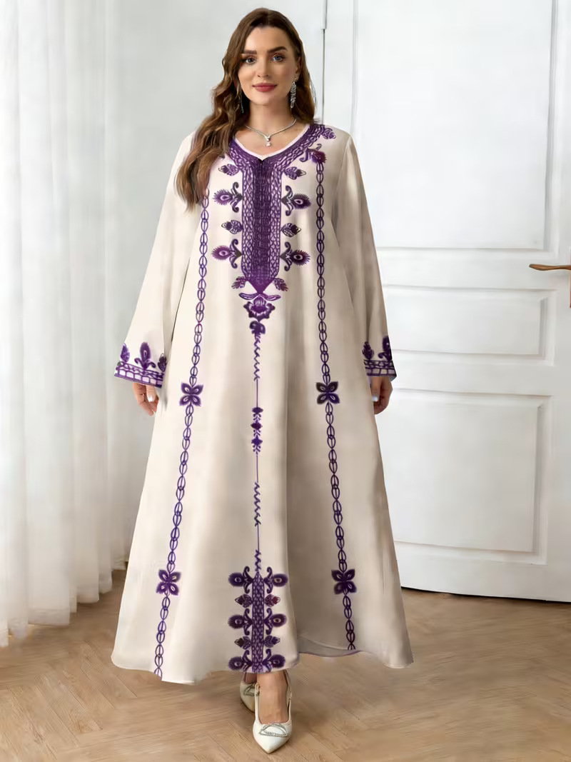 Middle Eastern Cross-border Muslim Women's V-neck Printed Loose Elegant Robe Ethnic Style Long-sleeved Dress Custom-made_ecoleips.com