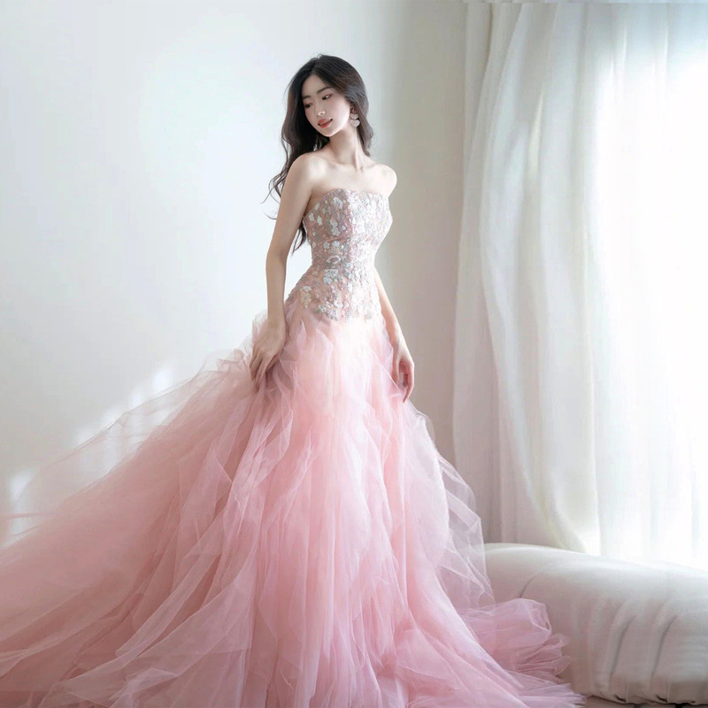 Fairy-Like Pink Bride Wedding Toast Dress Banquet Performance Host Wedding Dress High-End Evening Dress