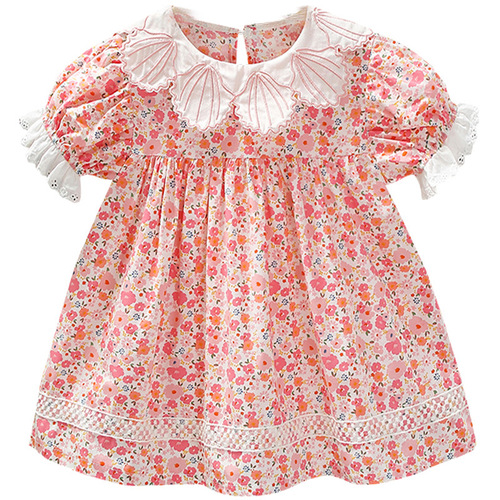 Princess dress for children and baby girls summer pink floral girl dress shell lace collar lady going out skirt