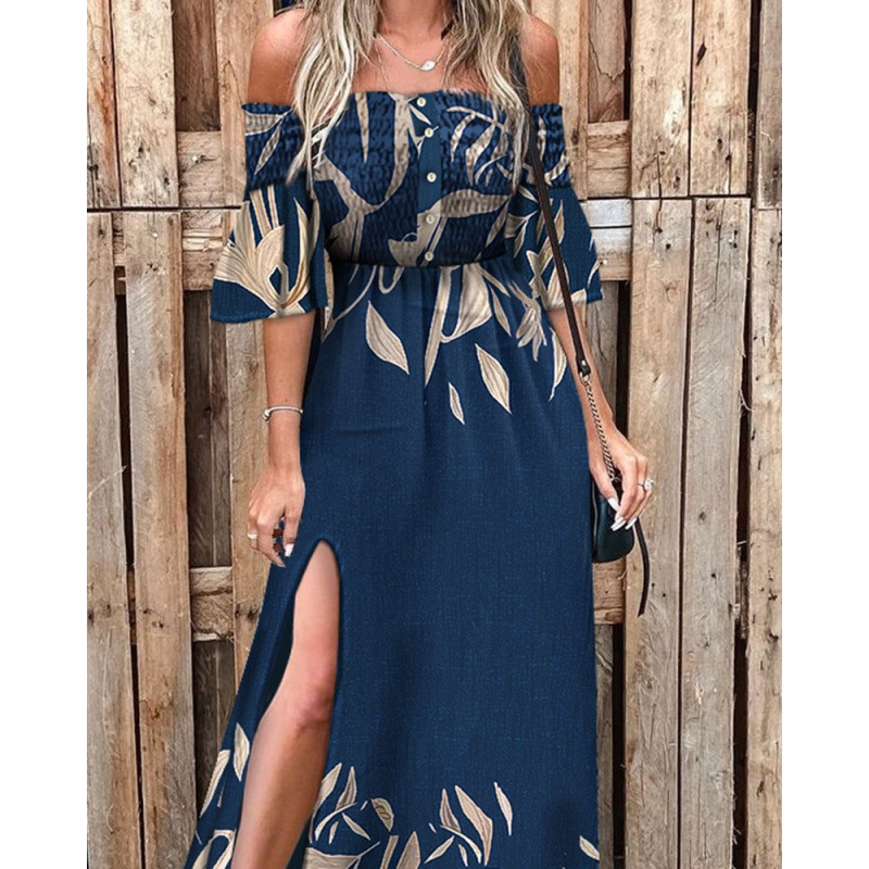 Positioning Floral Strapless Short-Sleeve Waist-Cinching Dress_ecoleips.com