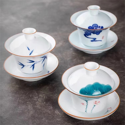 Lapis Lazuli Hand-painted White Porcelain Three Talents Cover Bowl with Hovering Bubble Tea Cup Single Large Size Ceramic Gongfu Tea Set