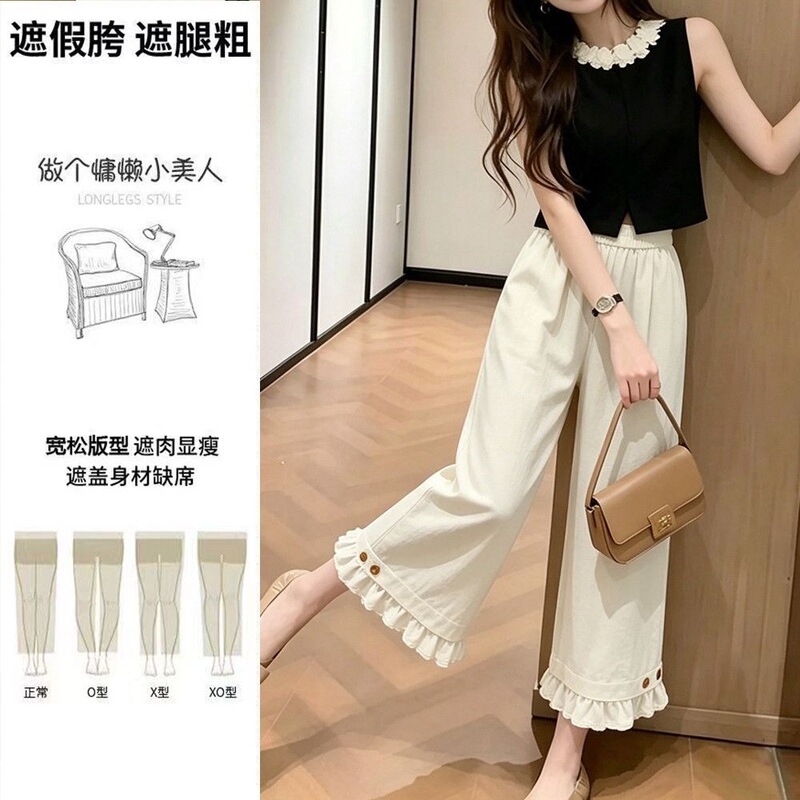 2026 New Fashion Youthful Button Lace Nine-Point Pants for Women, Summer High-Waisted Loose Slimming Casual Wide-Leg Pants