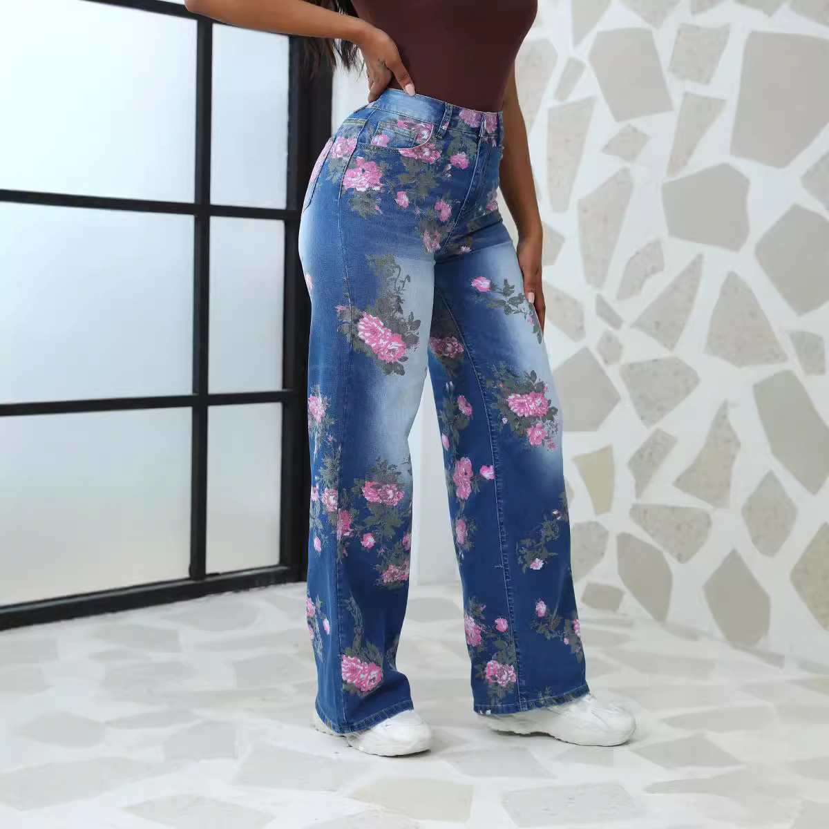 Denim Source Factory Vaqueros elásticos con estampado retro americano personalizados de alta gama para mujer Xintang denim Factory al por mayor