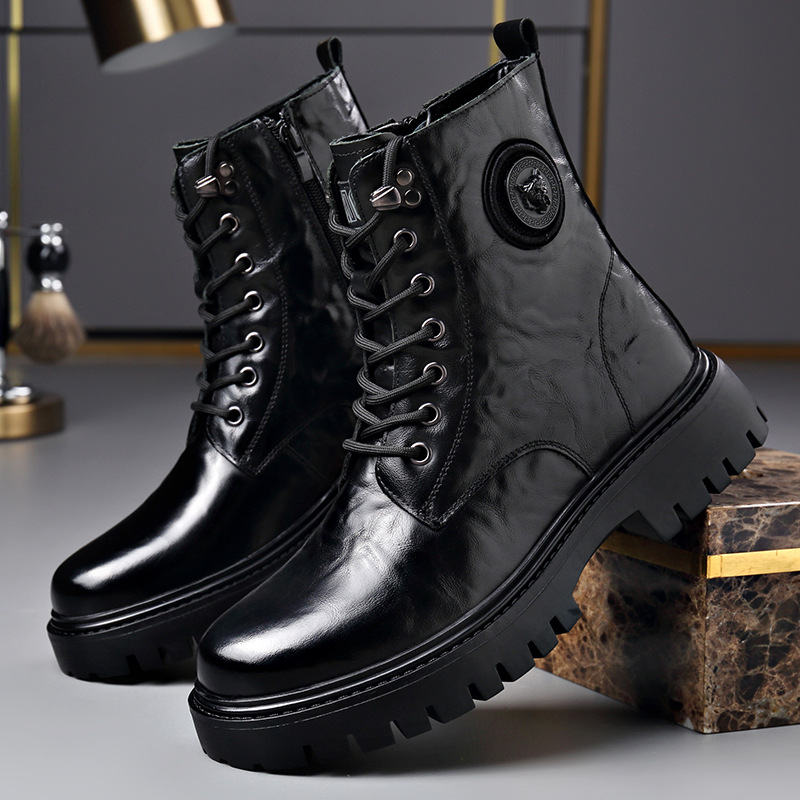 Top Layer Cowhide High Barrel Martin Boots Trendy All-match Side Zipper Workwear Boots Fashionable Casual Wool Warm Men's Boots