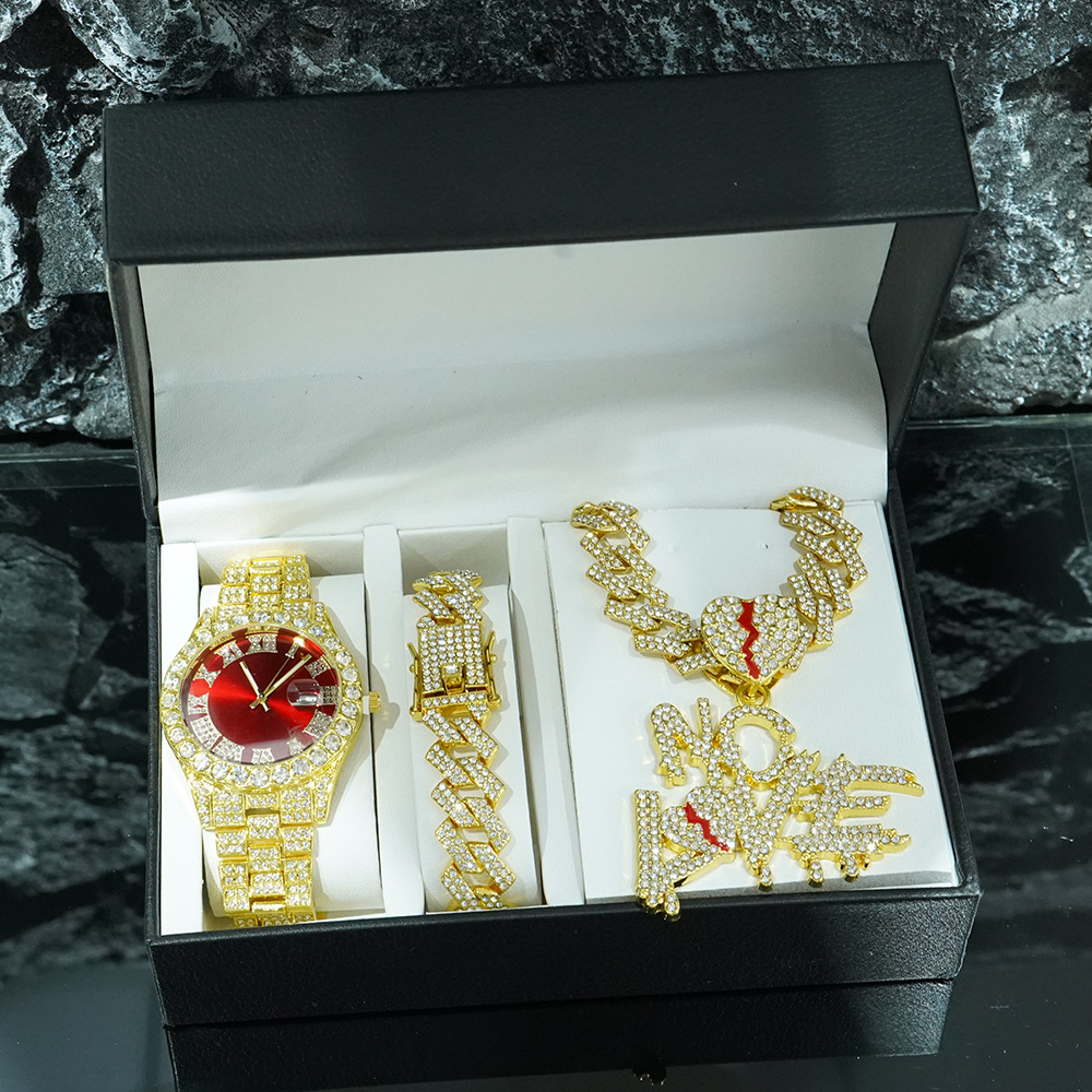 Conjunto de Reloj y Collar con Colgante NO LOVE, Estilo Cubano, para Hombre, en Caja de Regalo de Lujo