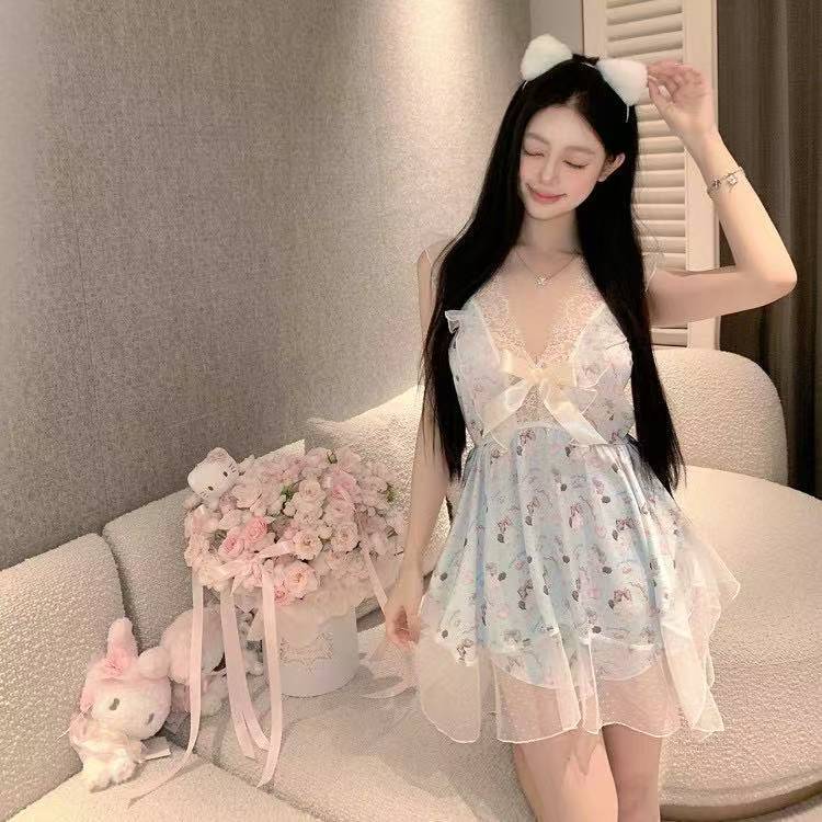 Hot Suit Angel Kitten Suspender Shorts Pajamas Women's Summer Ice Silk Lace Sexy Pure Lust Style Nightgown