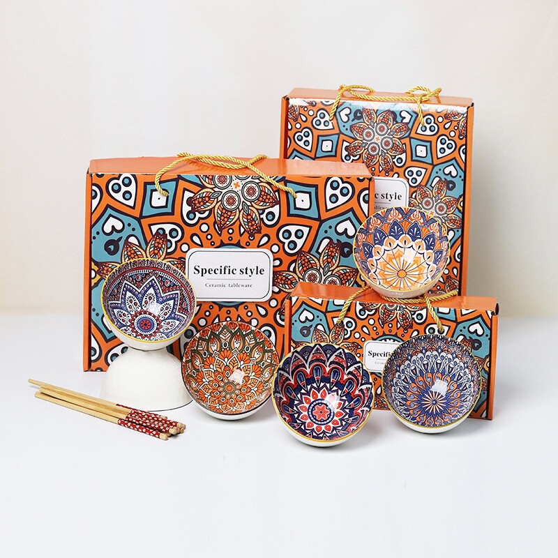 New Bohemian Ceramic Bowl Gift Box Set Rice Bowl Household Tableware Gift Box Supports Cross-Border Factory Direct Sales