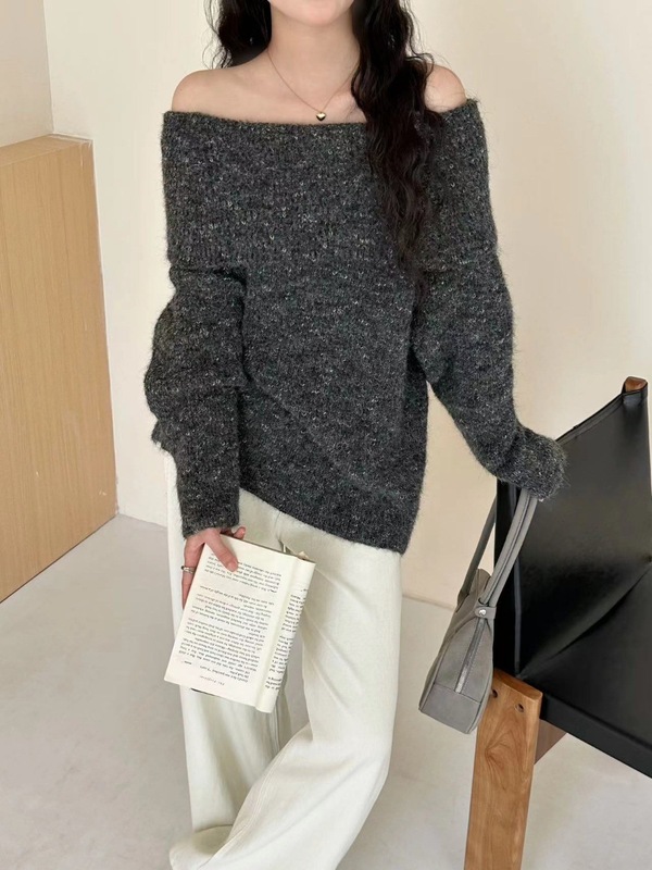 韩系一字肩套头毛衣女秋冬高级感气质慵懒风宽松休闲显瘦长袖上衣|undefined