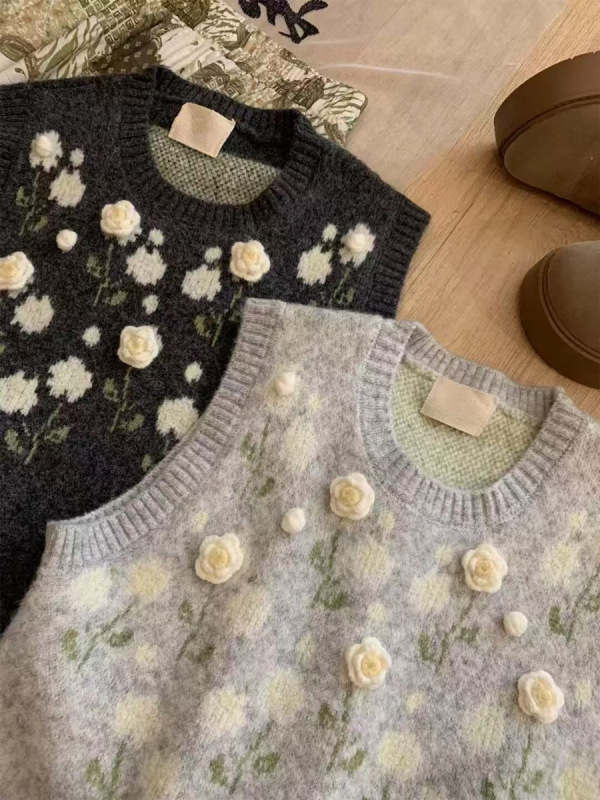 秋冬季新款韩系甜美立体花朵针织马甲女宽松慵懒风时尚叠穿背心潮|undefined