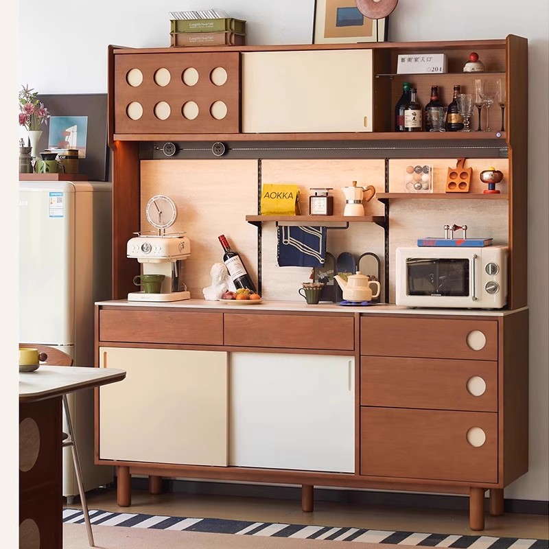 Nordic Solid Wood Sideboard for Home Use, Small Apartment, Integrated Travertine Stone High Cabinet, Vintage-Style Dining Room Storage Tea Cabinet