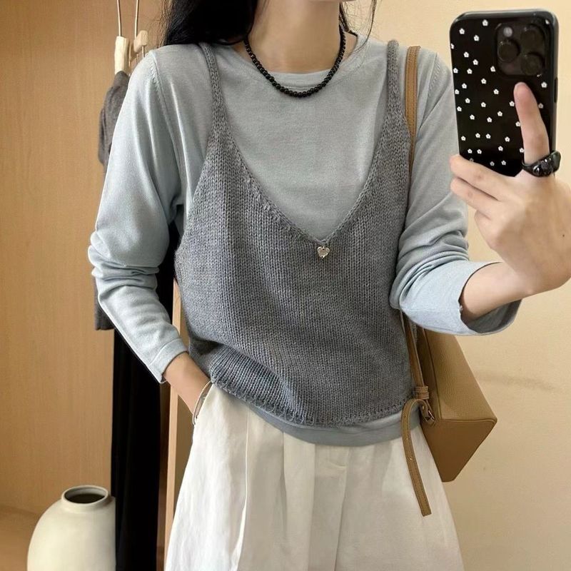 早秋韩剧女主穿搭套装女蓝色别致设计感叠穿针织衫吊带背心两件套|undefined