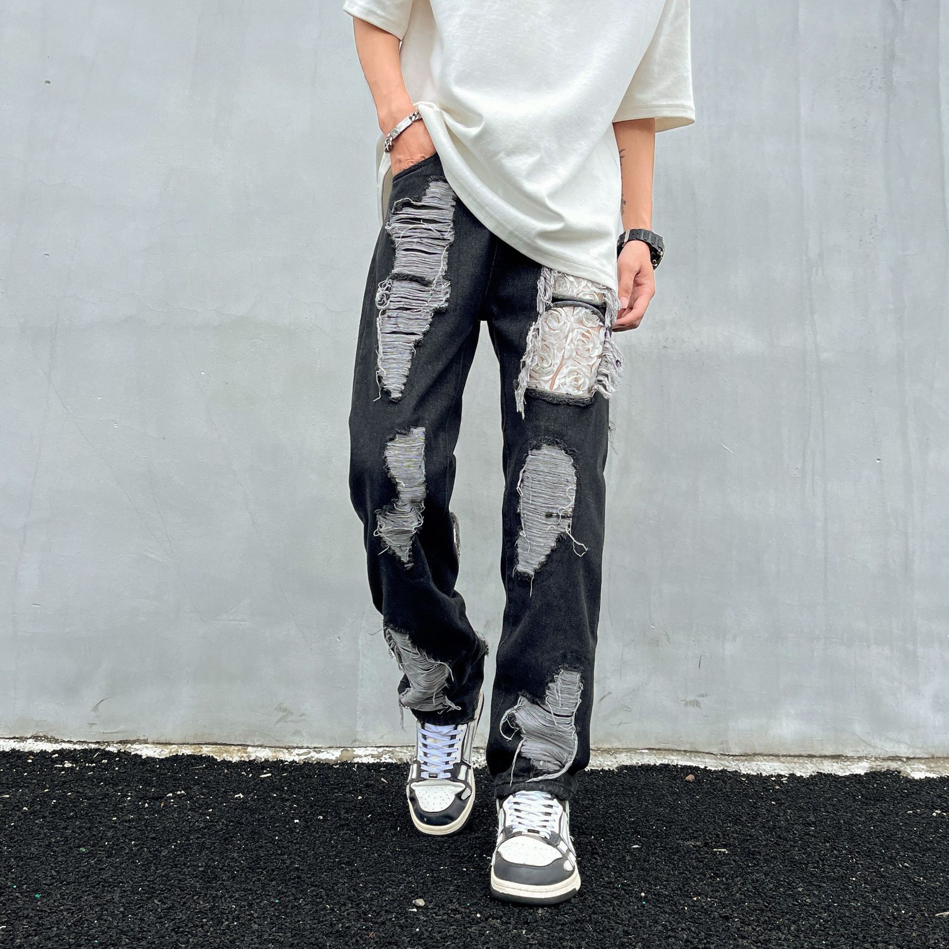 Tie-Dye Ripped Jeans For Men And Women American High Street Vintage Washed Slim Fit Flared Pants_mkmklike.com
