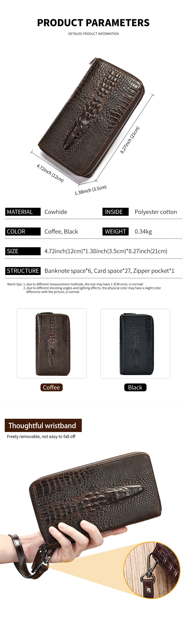 Túi clutch nam da bò dập vân cá sấu cao cấp, khóa kéo đôi, dáng dài đựng điện thoại — Cà phê, màu đen chi tiết 13