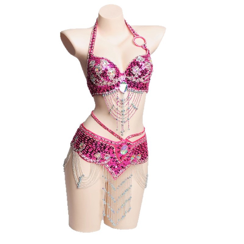 Danza del vientre ropa de espectáculo de mano perla bordada bra cintura paquete de baile indio vestido de escenario sexy discoteca BRA