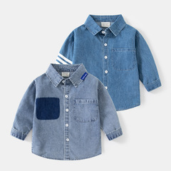 Trendy denim boys' long-sleeved shirt, lapel small pocket children's shirt, casual autumn handsome boy's shirt