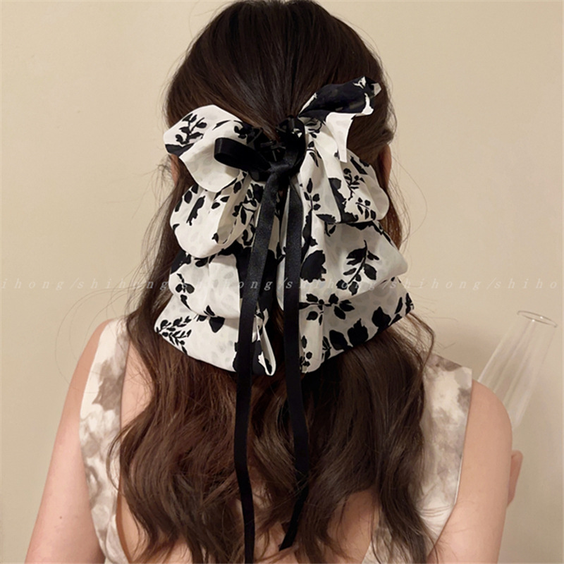 Clip floreale francese in bianco e nero, nuovo nastro con fiocco a nuvola, cucchiaio posteriore, presa versatile, accessorio per capelli alla moda_voghion.com