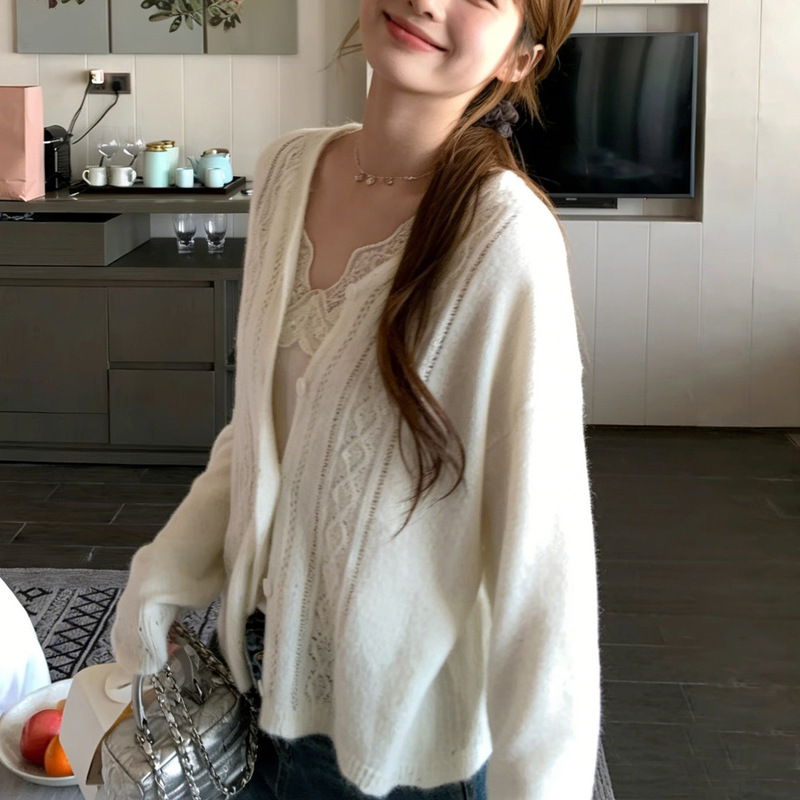 Small V-neck cable-knit hollow-out cardigan for women, vintage jacquard texture, soft and cozy sweater, loose and casual outerwear