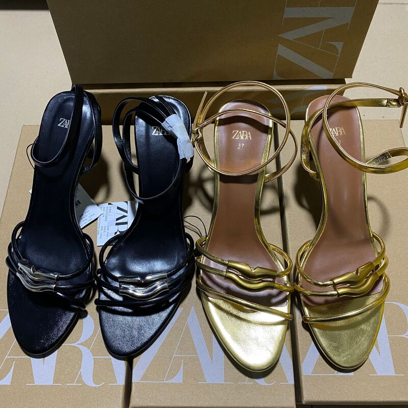 ZA2025 Autumn New Golden Distinctive Open Toe Sandals with Metal Ornament Rear Strap Buckle Thin Heel Sandals for Women