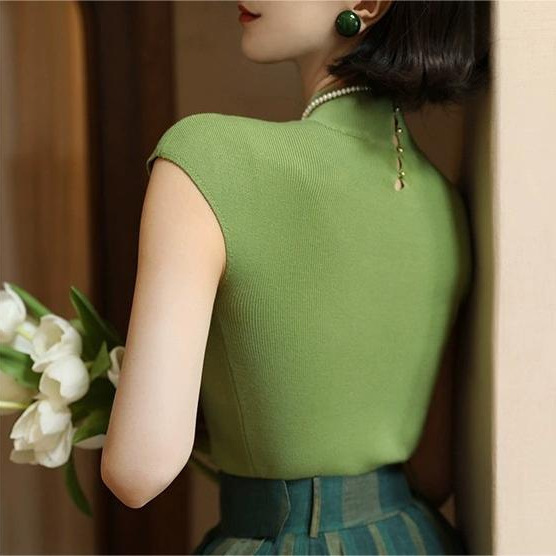 Retro half turtleneck chic top women's back hollow-out design color short sleeve sweater summer Retro half turtleneck chic top women's back hollow-out design color short sleeve sweater summer