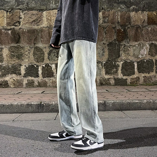Yellow mud dyed washed distressed jeans men's spring trendy loose straight pants trendy handsome street casual trousers