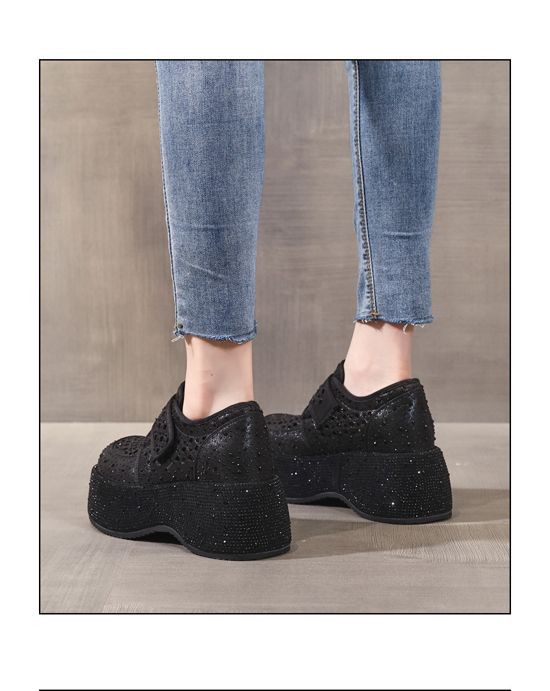 Giày sneaker nữ đế dày tăng chiều cao, phối đá rhinestone, quai magic stick, mùa hè 2026 — màu đen, bạc chi tiết 16