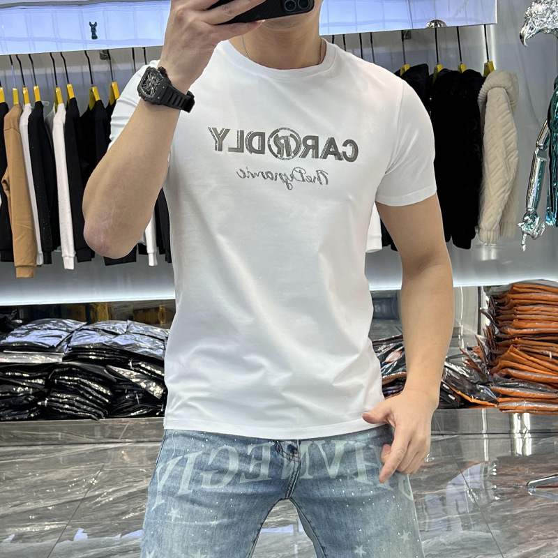 Erkekler 2024 Yaz Yeni Kişiselleştirilmiş Trend Günlük Moda Çok Yönlü Yuvarlak Yaka İnce Kesim Mektup Baskılı Kısa kollu_voghion.com