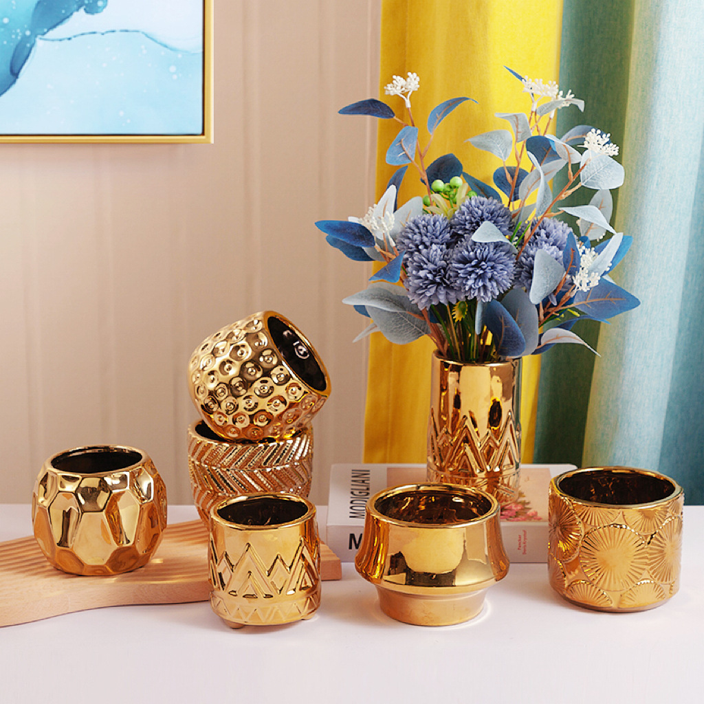 Estilo nórdico de alta gama transfronteriza Phalaenopsis de oro maceta de cerámica hierba de cobre flor artificial planta verde maceta ventas directas de la fábrica