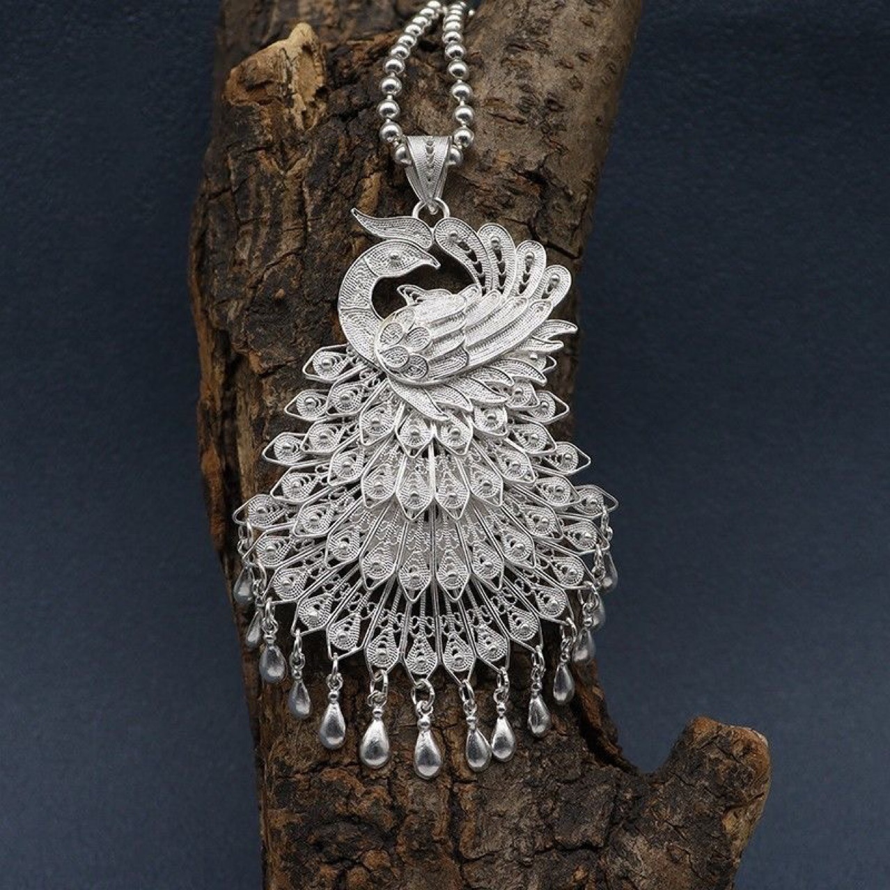 纯银色孔雀吊坠女长款圆珠佛珠毛衣链纯民族风凤凰项坠女友礼