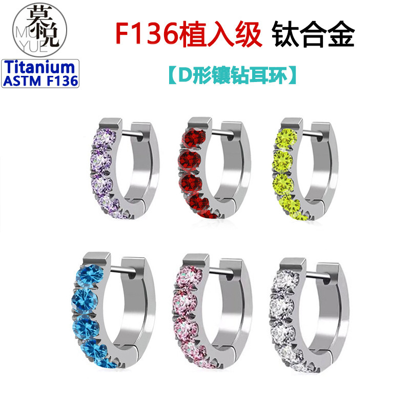 F136 Titanium Alloy D-Shaped Straight Pin Earrings with 5A Zircon, Suitable for Ear Piercing, No Need to Remove for Sleeping, G23 Ear Hoops/Ear Clips
