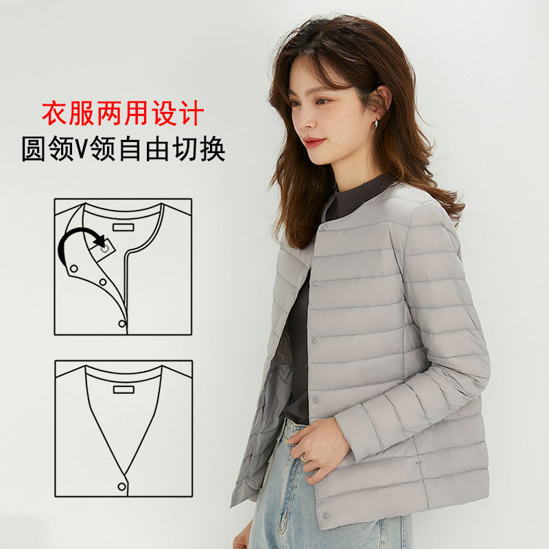 Nuevo chaqueta de plumón ligera para mujeres de invierno y otoño, chaqueta de cuello redondo de cuello en V, doble chaqueta corta grande y delgada