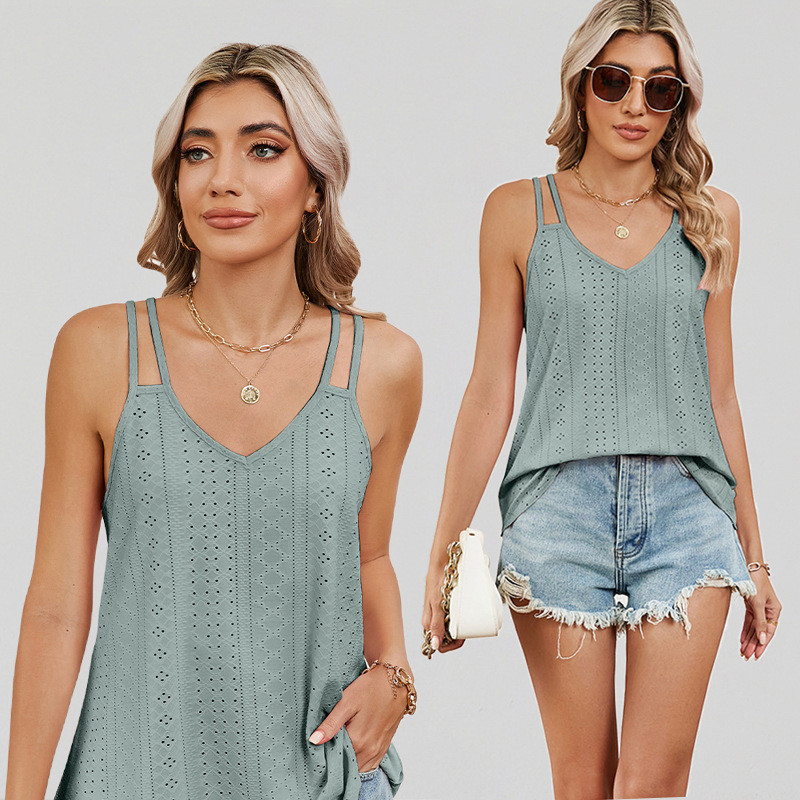 Amazon temu2024 Europe and the United States cross-border foreign trade summer new V-neck hollow solid color casual camisole women