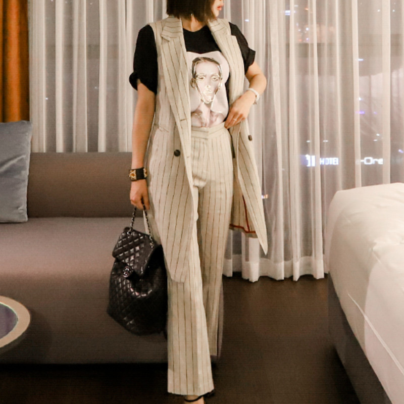 Cross-border 2025 estilo coreano delgado traje cuello a rayas chaqueta sin mangas cintura delgada pantalones de cadera traje de dos piezas