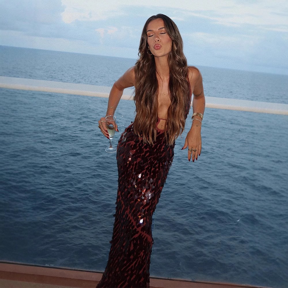 2025 European And American Sexy Women's Camisole Sequin Pure Desire Shiny Long Dress Cross-Border Hot Item Elegant_ecoleips.com