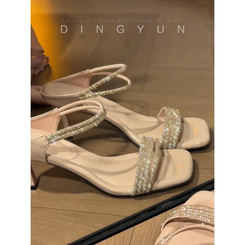 【Ding Yun】Summer Nude-Colored Rhinestone Stiletto Sandals for Women, Square Toe, Open-Toe, Versatile Slip-On Slippers 【Ding Yun】Summer Nude-Colored Rhinestone Stiletto Sandals for Women, Square Toe, Open-Toe, Versatile Slip-On Slippers