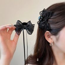 超仙网纱蝴蝶结发夹高级感黑色精致丝带链条抓夹新款鲨鱼夹发卡女