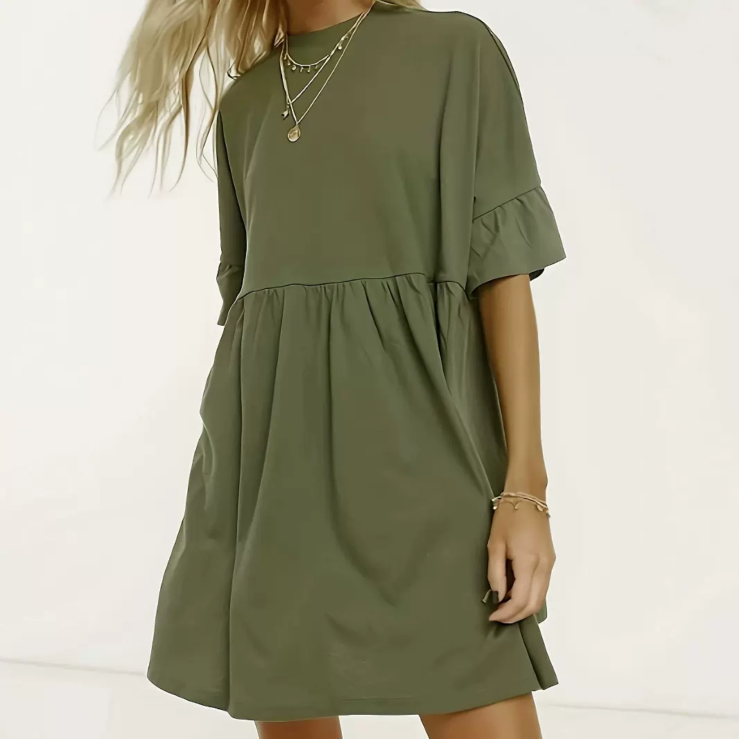 亚马逊跨境欧美外贸夏季新款简约休闲气质纯色打褶女装连衣裙