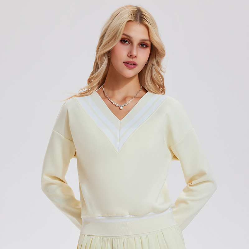 Caijue transfronterizo amazon camiseta deportiva femenina estilo americano retro relajado mangas largas de cuello en V de bádminton ropa de tenis femenina