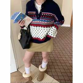 撞色费尔岛半开领毛衣女秋冬2025新款宽松美式复古提花套头针织衫