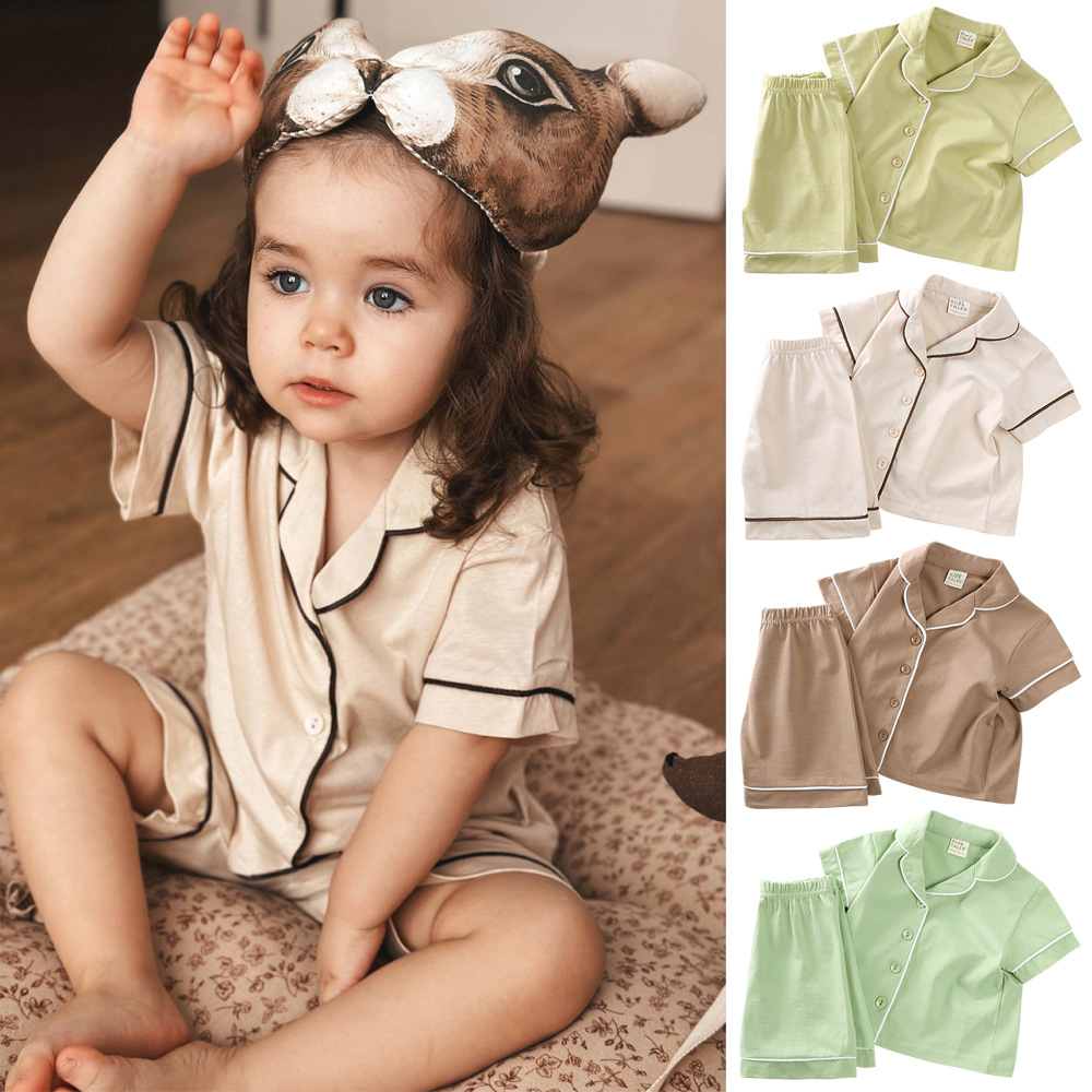 Children's Pajamas Summer Boys and Girls Solid Color Short-Sleeve Cardigan and Shorts Two-Piece Set for Toddlers and Young Children, Suitable for Wearing Outside, Loungewear Set