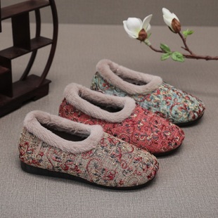 Winter embroidered shoes women's ethnic style floral cloth fur mouth fleece-lined soft bottom old Beijing cloth shoes middle-aged and elderly mother shoes non-slip