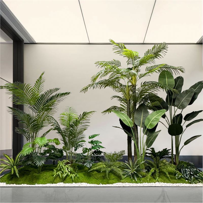 模擬植物造園、大型サボテン、オオバコ、鉢植え、オフィス、食堂、階段、窓、緑の植物の装飾|undefined