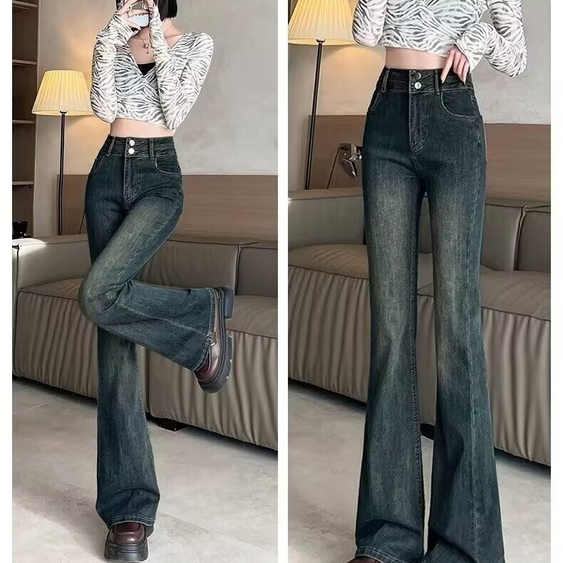 Cement Ash Micro-fleece-lined Jeans Women's Autumn and Winter 2024 New High Waist Horseshoe Elastic Small Retro