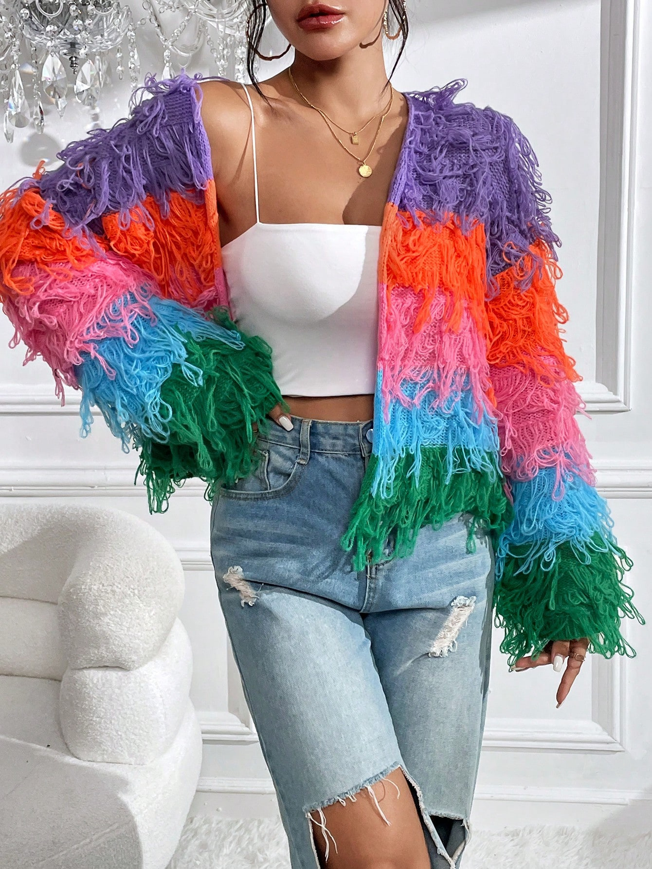 Fringe Gradient Cardigan Women's Fashion Knitwear Loose Fit Casual Long Sleeve V-Neck Boho Chic Sweater_ecoleips.com