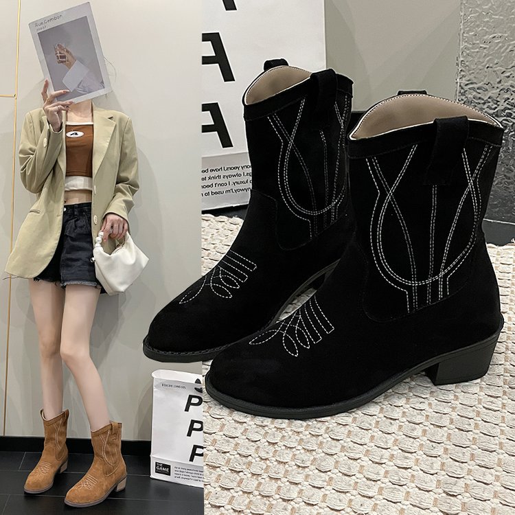 Big size fashion boots female fall and winter new embroidery ethnic style thick heel short boots female_voghion.com
