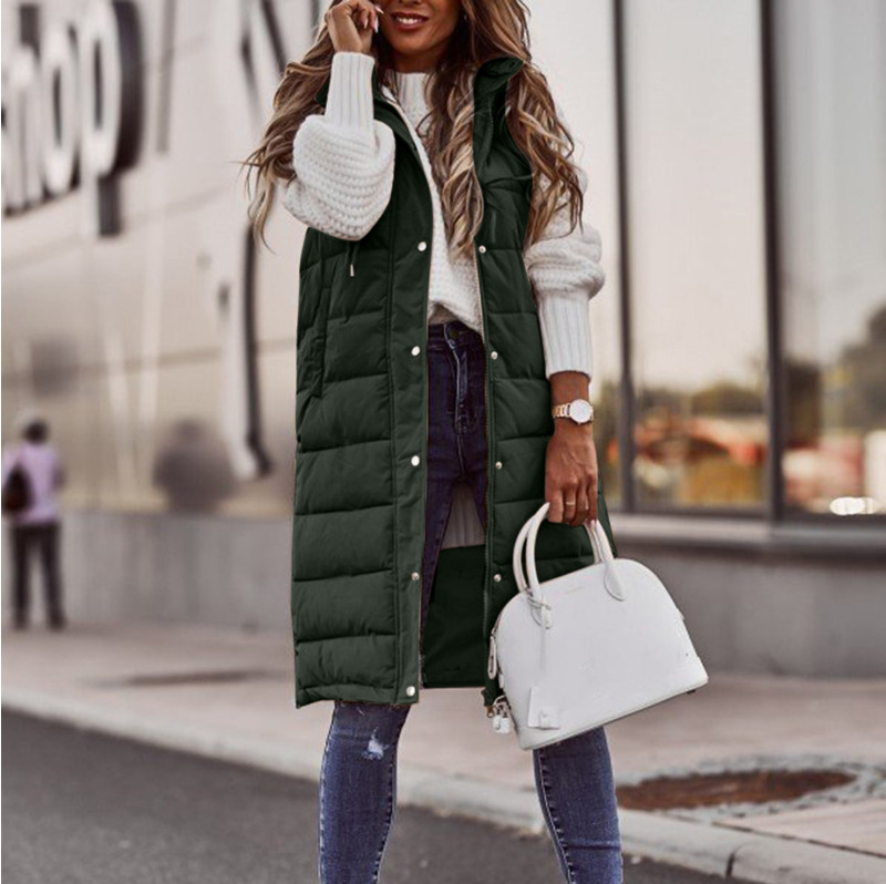 Europa y América nueva moda casual Chaqueta de algodón acolchado de color sólido con capucha chaleco Delgado elegante cardigan sin mangas abrigo de longitud media para las mujeres image 12