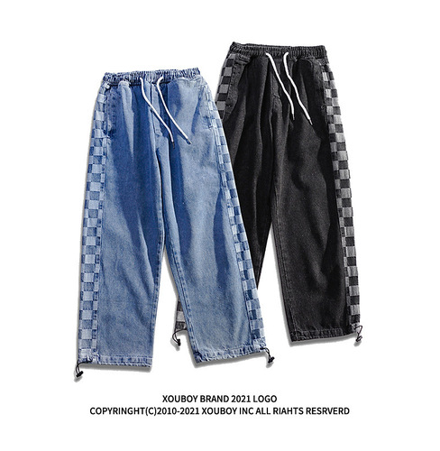 Chic Brand Hong Kong Style Instagram Retro Checkered Youth Loose Japanese Casual Straight Leg Wide Leg Denim Pants for Men and Women