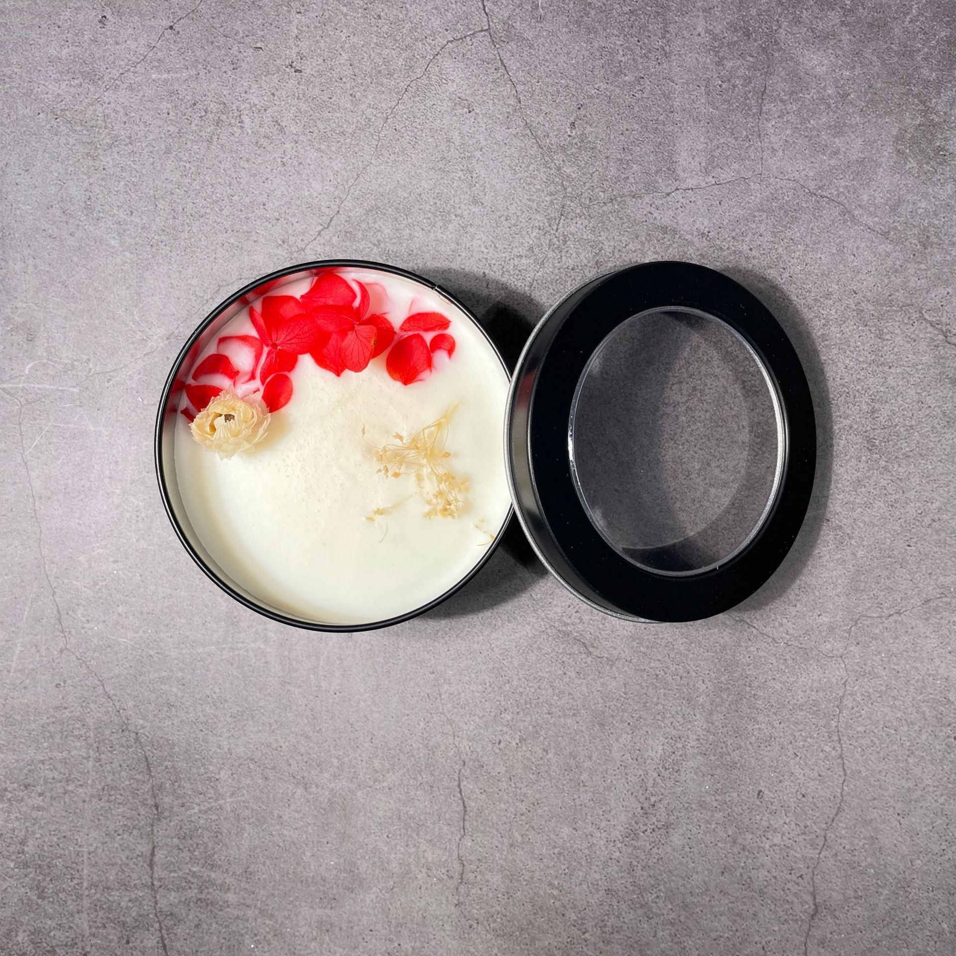 Flor seca de soja cera hojalata puede ventana creativa ins estilo Regalo Cumpleaños DIY bálsamo sólido aromaterapia vela