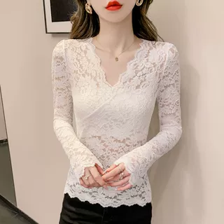 白色V领性感镂空蕾丝打底衫女春季新款洋气内搭网纱薄款长袖上