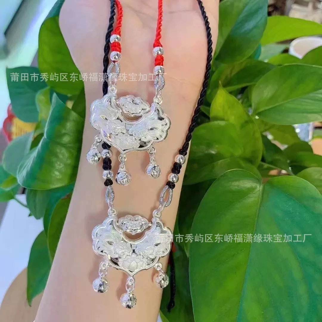 S990纯银3D锦鲤莲花空心银锁包项坠古风旋转祥云鱼戏莲长命锁项链